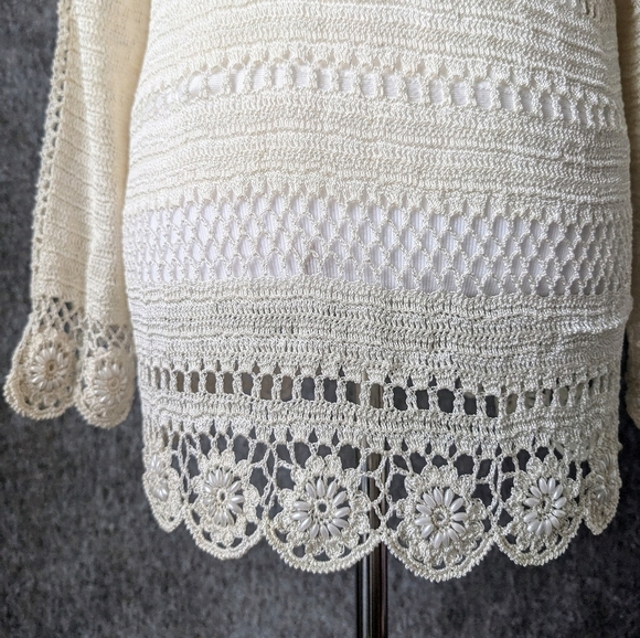 Y2K Cottagecore Crochet Beaded Cream Sweater - Picture 6 of 7